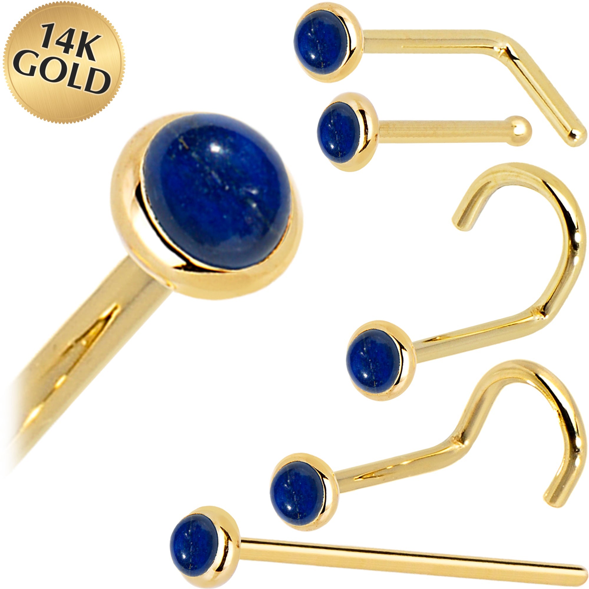 BodyCandy Solid 14K Yellow Gold 2mm Lapis Lazuli Straight Nose Ring — main product shot