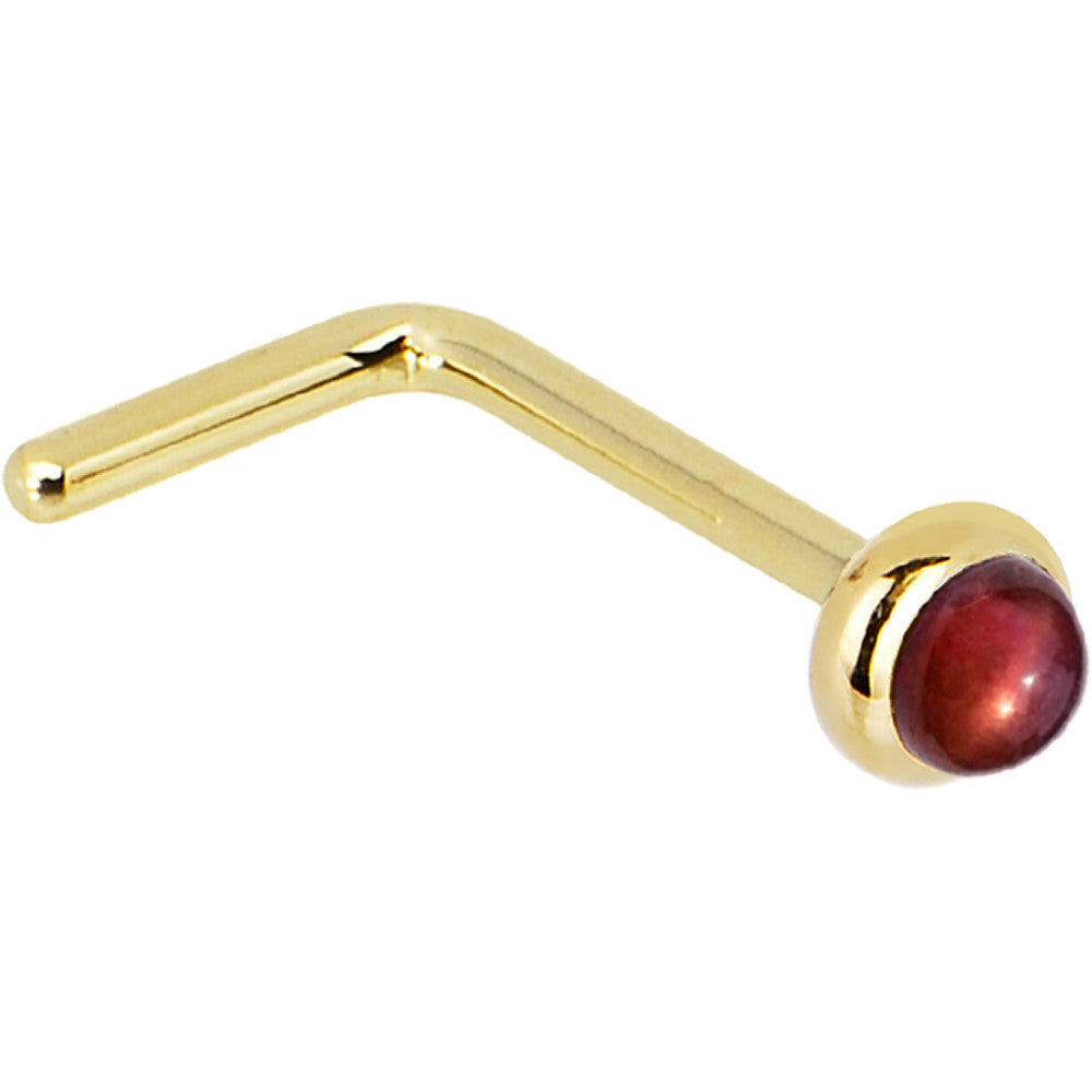 BodyCandy Solid 14K Yellow Gold 2mm Red Garnet Nose Ring — side view
