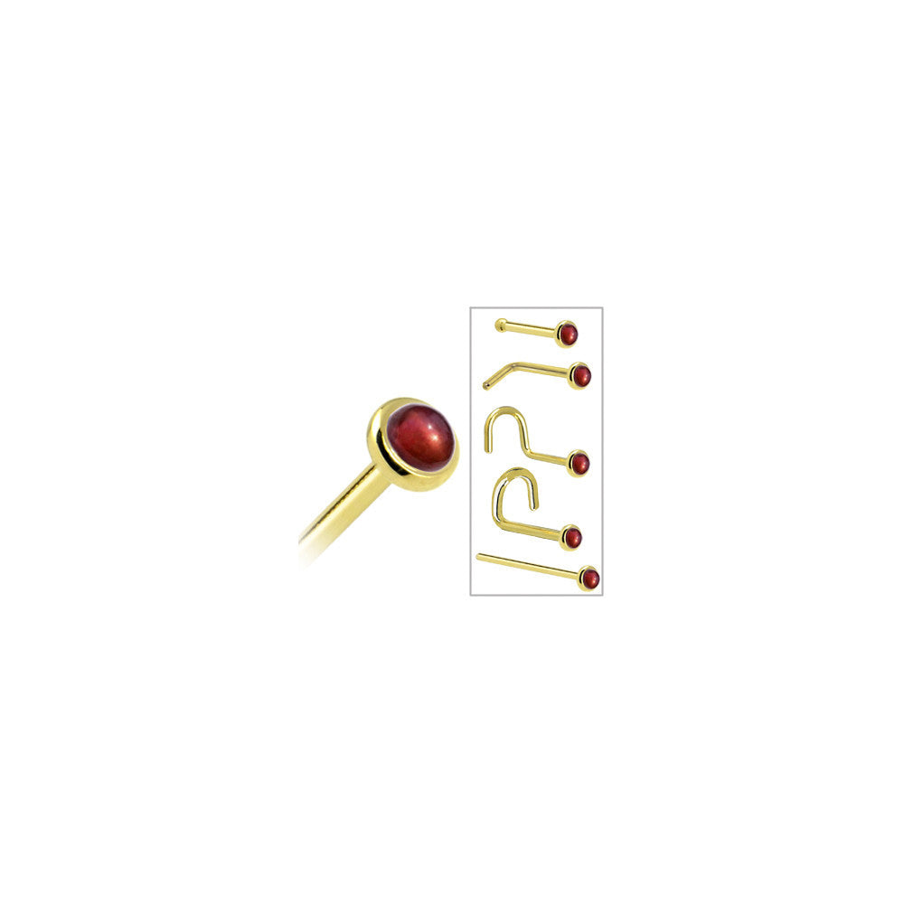 BodyCandy Solid 14K Yellow Gold 2mm Red Garnet Nose Ring — in-use photo