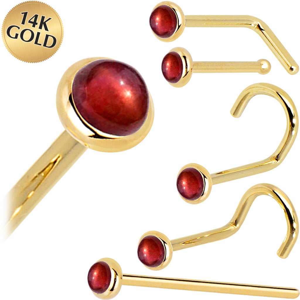 BodyCandy Solid 14K Yellow Gold 2mm Red Garnet Nose Ring — main product shot