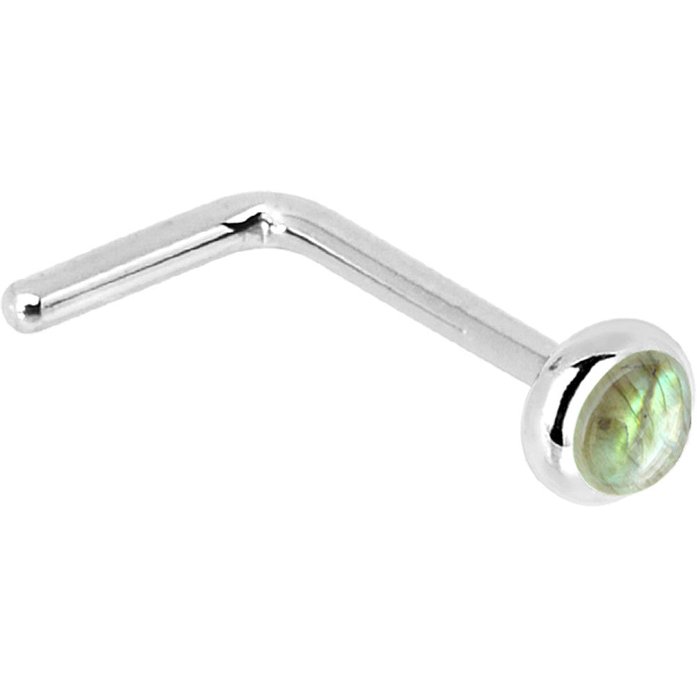 BodyCandy Solid 14K White Gold 2mm Labradorite Nose Ring — side view
