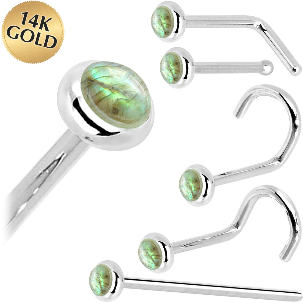 BodyCandy Solid 14K White Gold 2mm Labradorite Nose Ring — main product shot