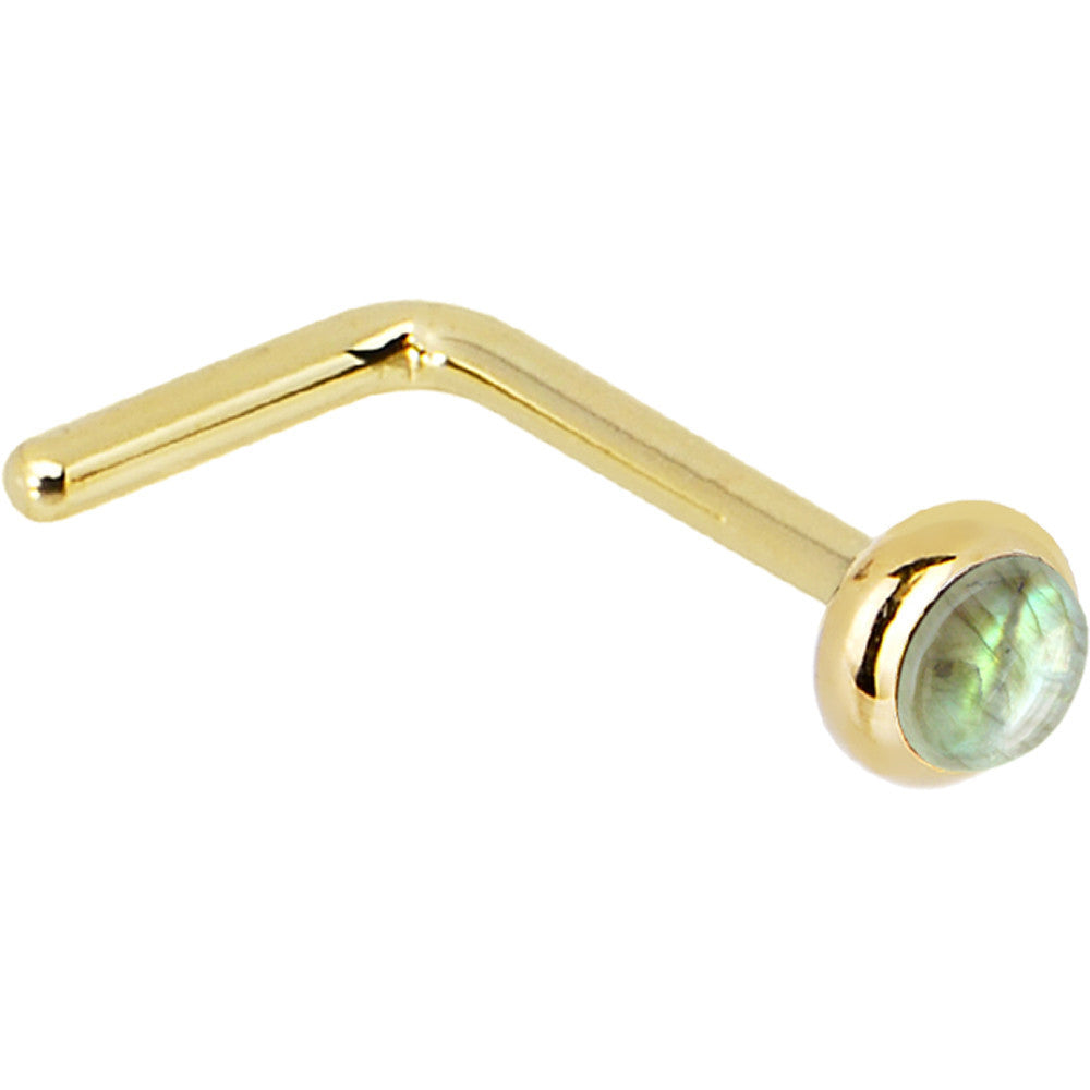 BodyCandy Solid 14K Yellow Gold 2mm Labradorite Nose Ring — side view