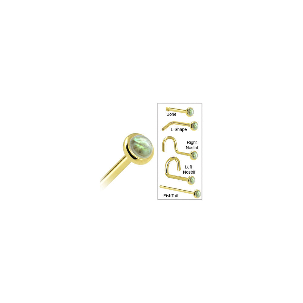 BodyCandy Solid 14K Yellow Gold 2mm Labradorite Nose Ring — in-use photo