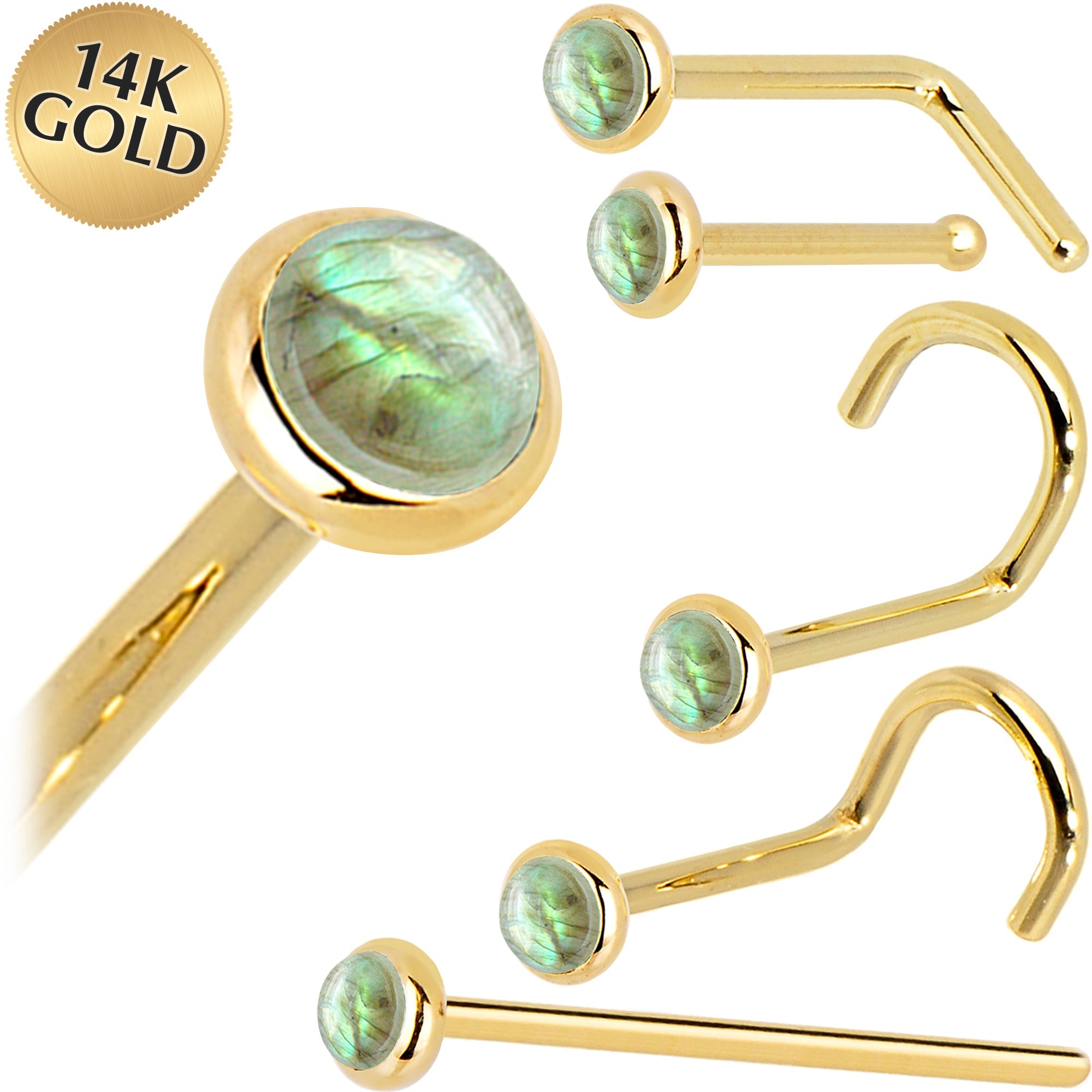 BodyCandy Solid 14K Yellow Gold 2mm Labradorite Nose Ring — main product shot