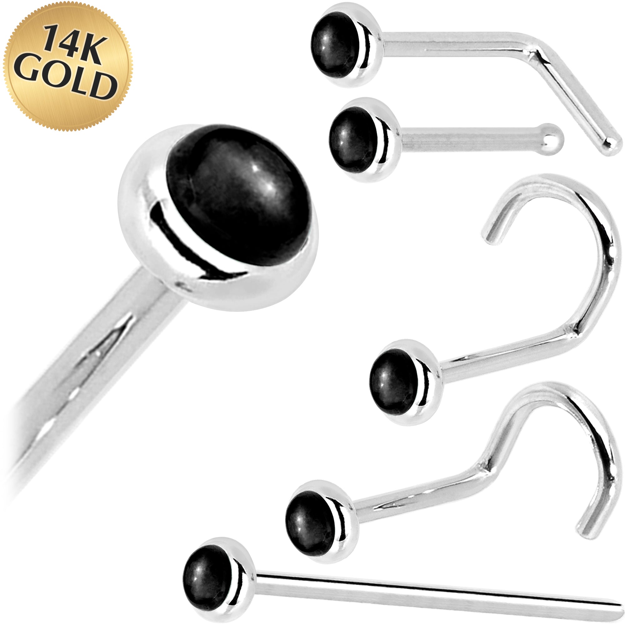 BodyCandy Solid 14K White Gold 2mm Onyx Nose Ring — main product shot