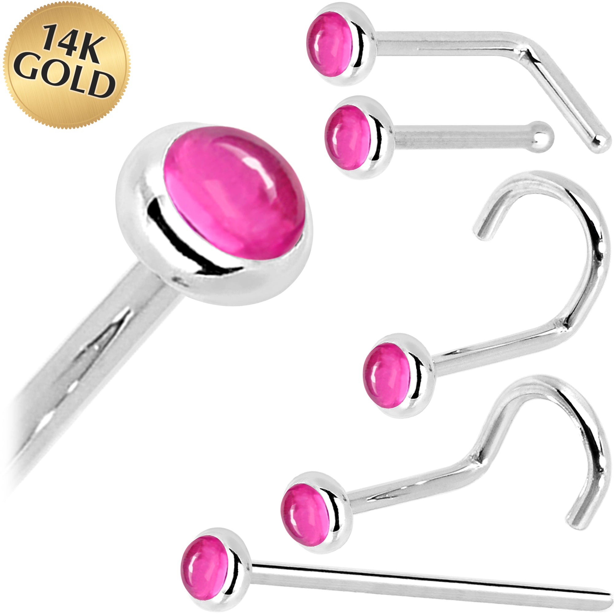 BodyCandy Solid 14K White Gold 2mm Pink Tourmaline Nose Ring — main product shot