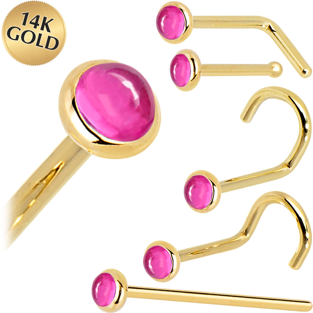 BodyCandy Solid 14K Yellow Gold 2mm Pink Tourmaline Nose Ring — main product shot