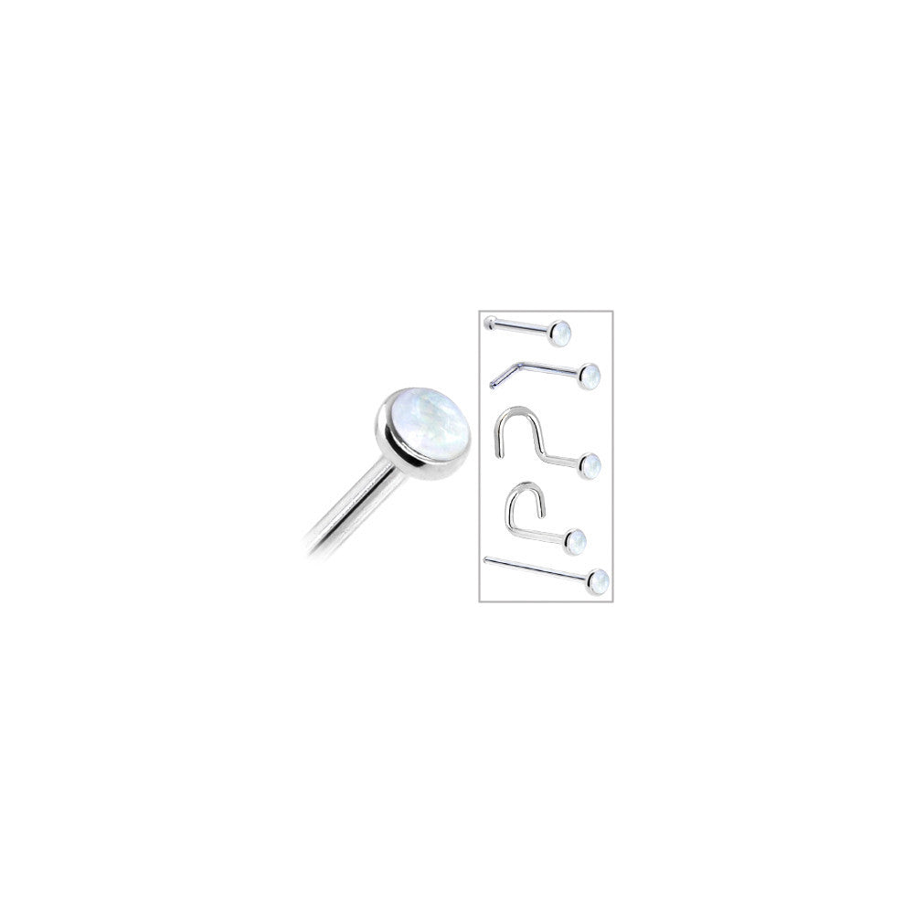 BodyCandy Solid 14K White Gold 2mm Rainbow Moonstone Nose Ring — in-use photo