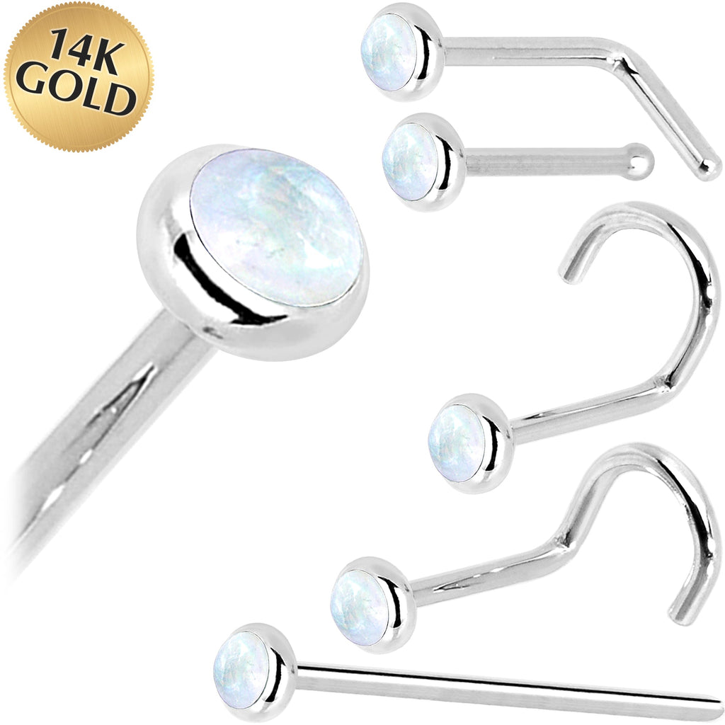 BodyCandy Solid 14K White Gold 2mm Rainbow Moonstone Nose Ring — main product shot