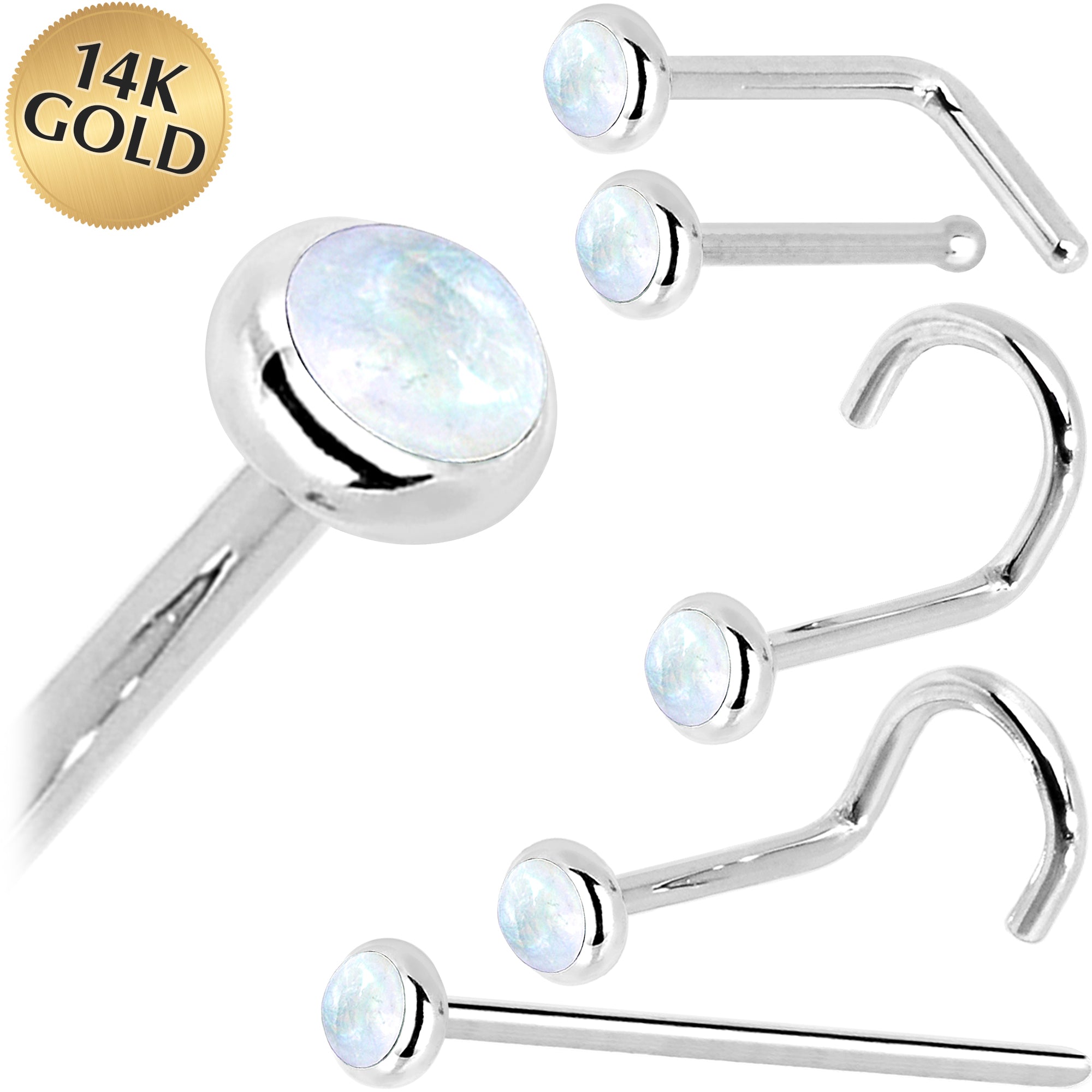 BodyCandy Solid 14K White Gold 2mm Rainbow Moonstone Nose Ring — main product shot