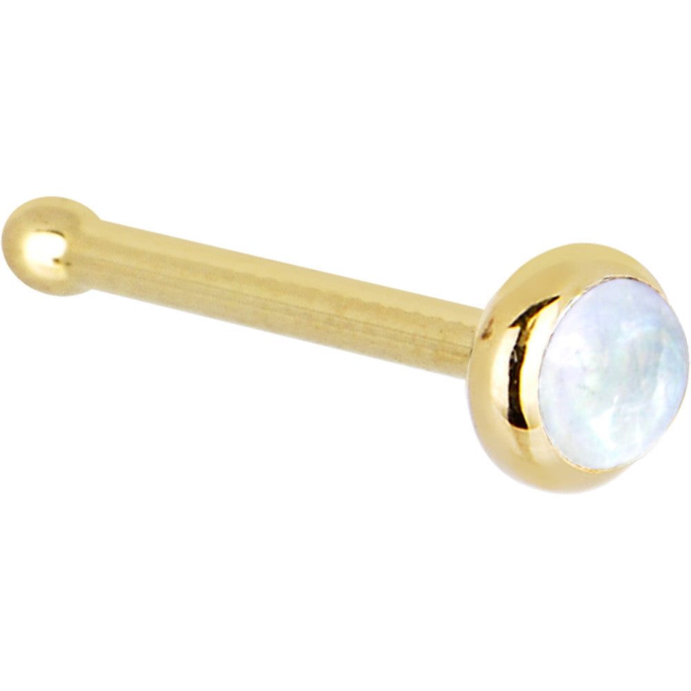 BodyCandy Solid 14K Yellow Gold 2mm Rainbow Moonstone Nose Ring — detail close-up