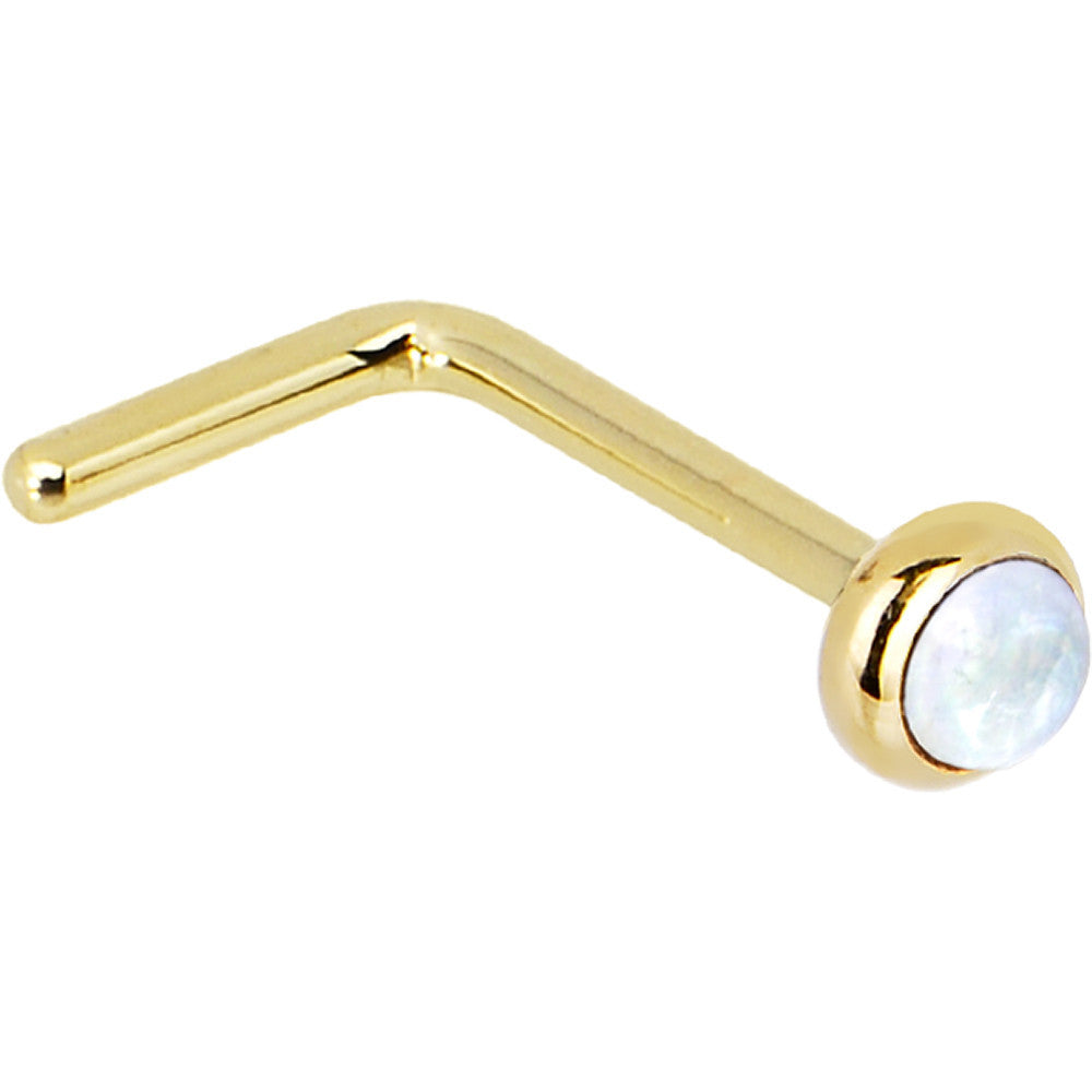 BodyCandy Solid 14K Yellow Gold 2mm Rainbow Moonstone Nose Ring — side view