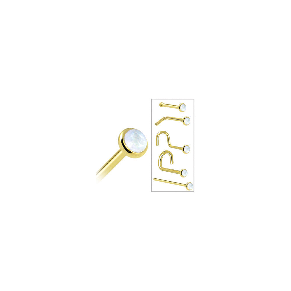 BodyCandy Solid 14K Yellow Gold 2mm Rainbow Moonstone Nose Ring — in-use photo