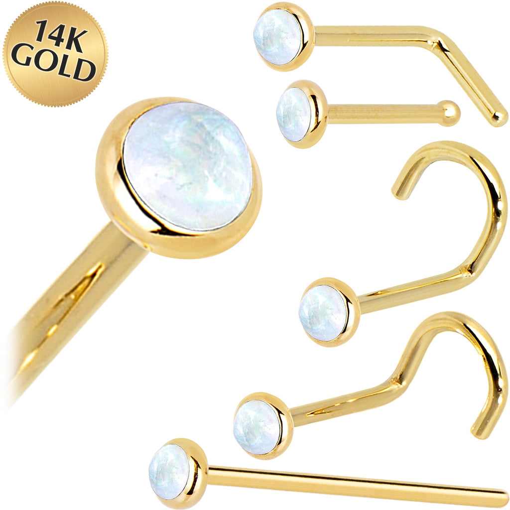 BodyCandy Solid 14K Yellow Gold 2mm Rainbow Moonstone Nose Ring — main product shot