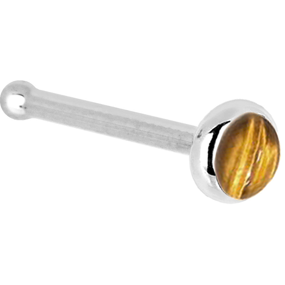 BodyCandy Solid 14K White Gold 2mm Tiger Eye Nose Ring — detail close-up
