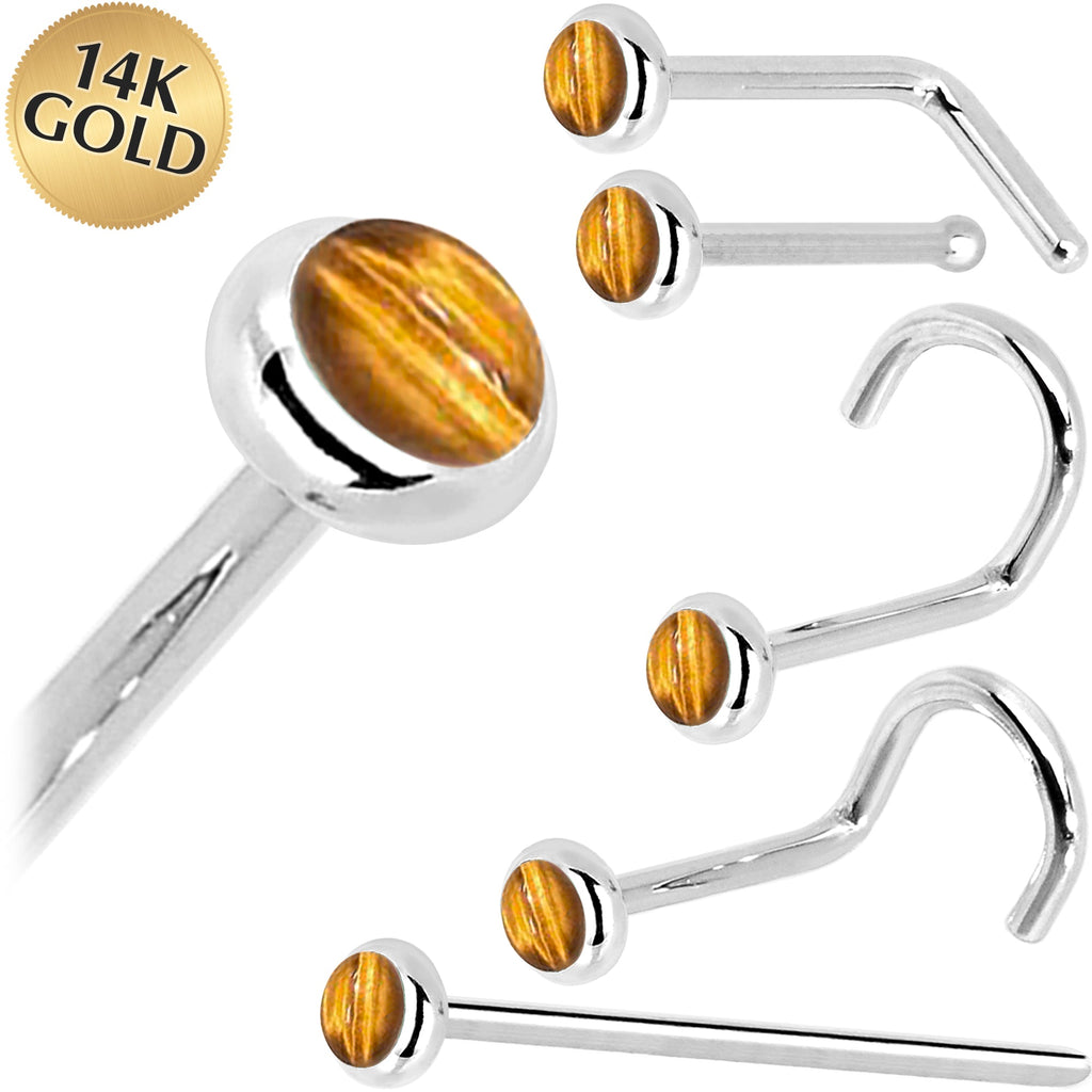 BodyCandy Solid 14K White Gold 2mm Tiger Eye Nose Ring — main product shot