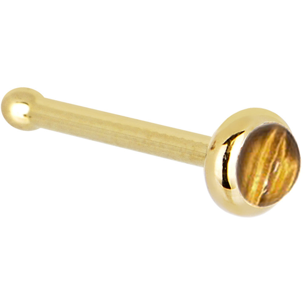 BodyCandy Solid 14K Yellow Gold 2mm Tiger Eye Nose Ring — detail close-up
