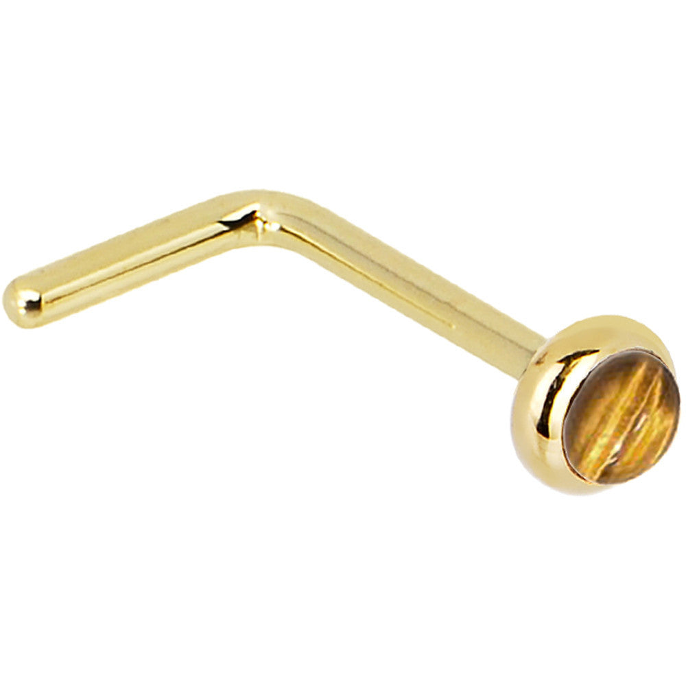 BodyCandy Solid 14K Yellow Gold 2mm Tiger Eye Nose Ring — side view