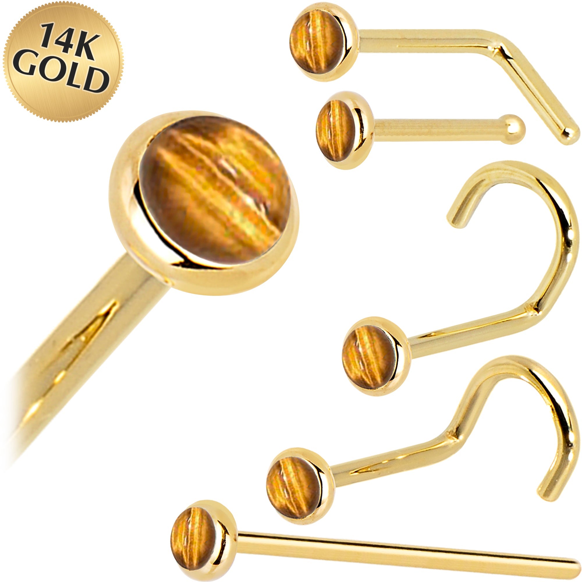 BodyCandy Solid 14K Yellow Gold 2mm Tiger Eye Nose Ring — main product shot