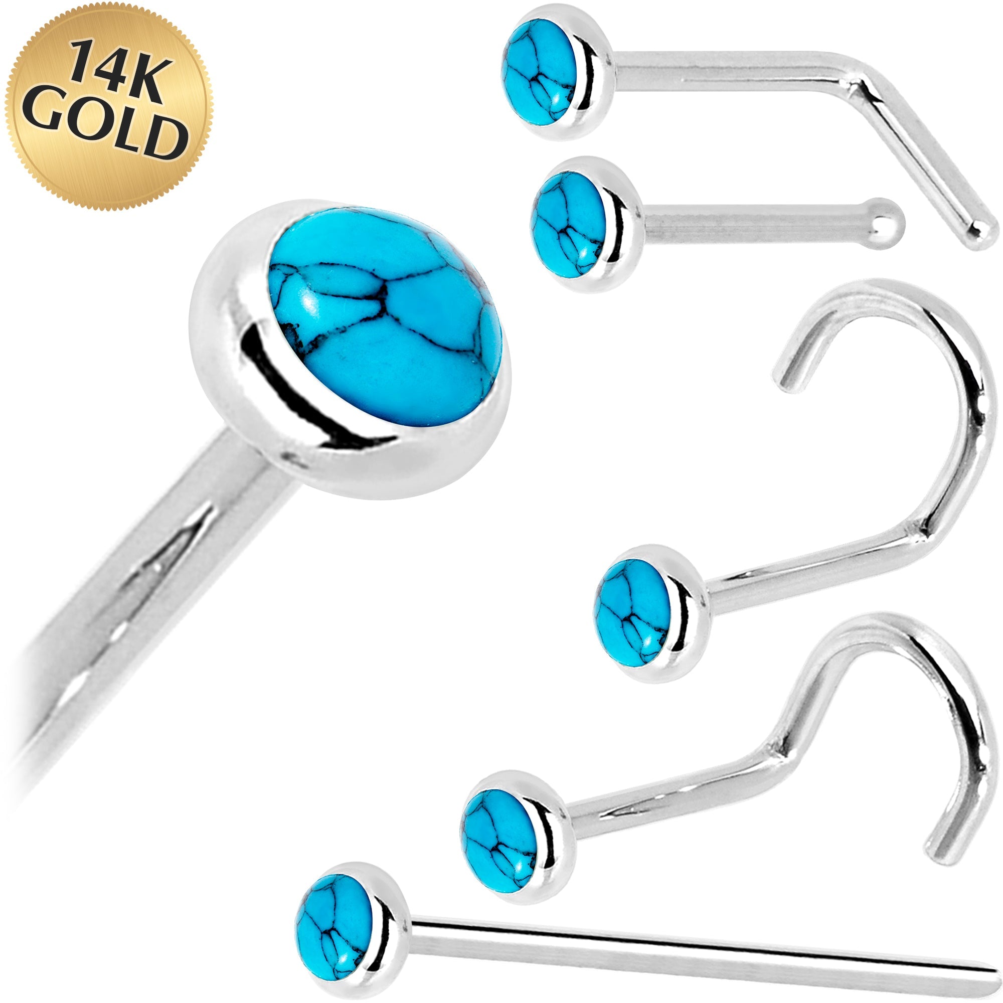 BodyCandy Solid 14K White Gold 2mm Turquoise Nose Ring — main product shot