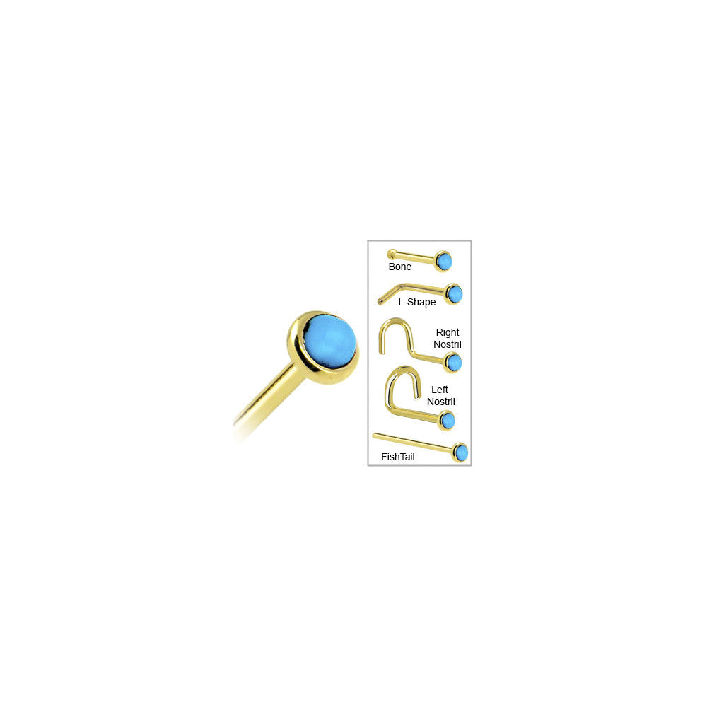 BodyCandy Solid 14K Yellow Gold 2mm Turquoise Nose Ring — in-use photo