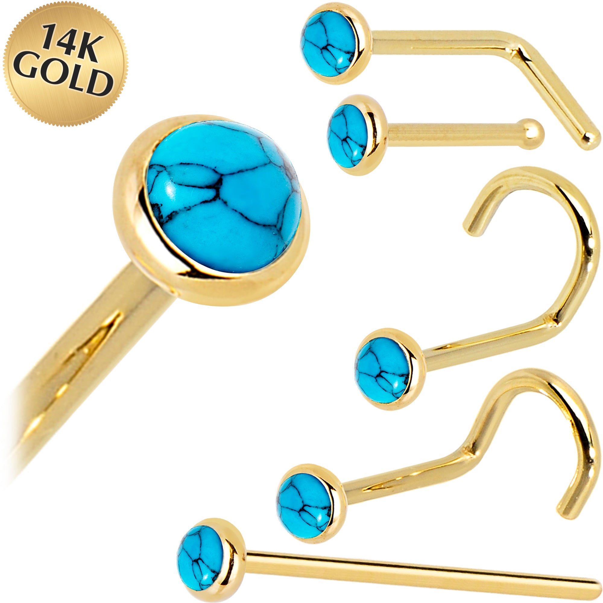 BodyCandy Solid 14K Yellow Gold 2mm Turquoise Nose Ring — main product shot