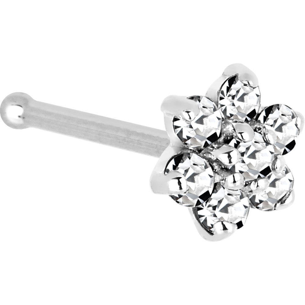 BodyCandy Solid 14K White Gold Clear Cubic Zirconia Flower Nose Ring — detail close-up