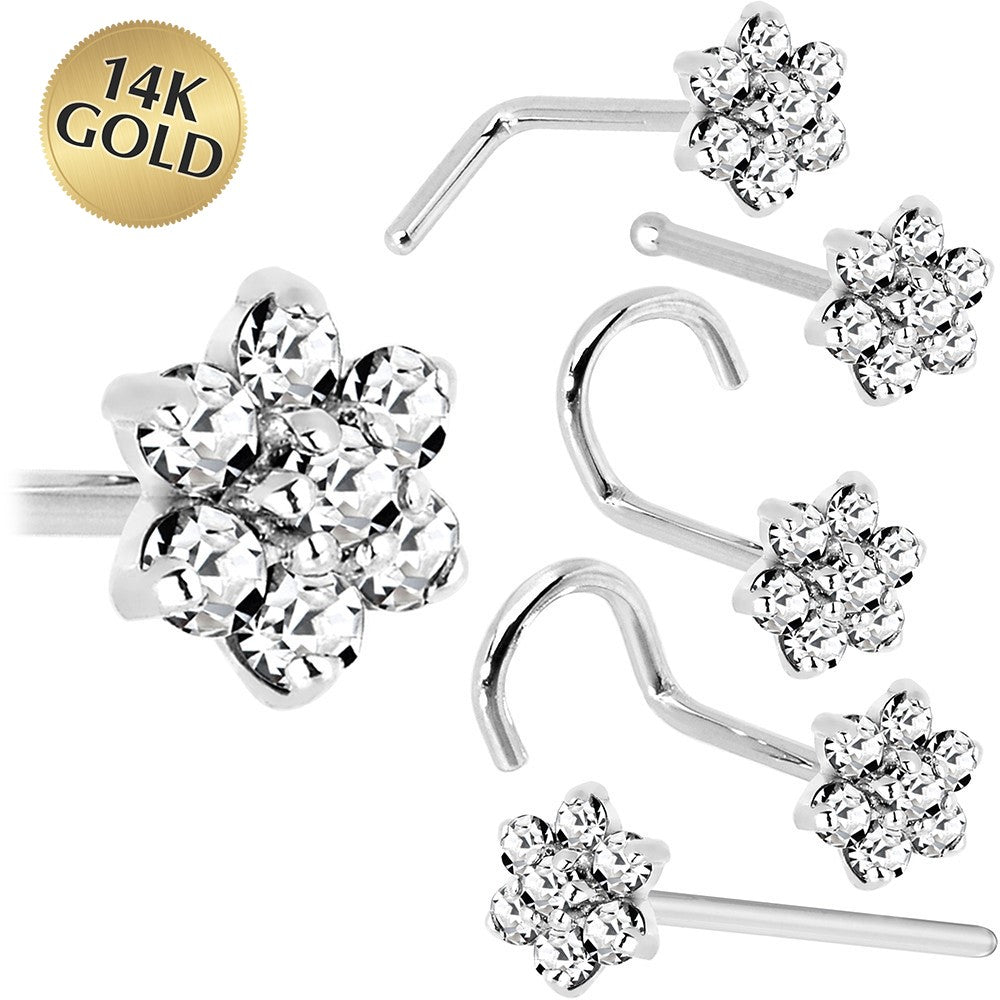 BodyCandy Solid 14K White Gold Clear Cubic Zirconia Flower Nose Ring — main product shot