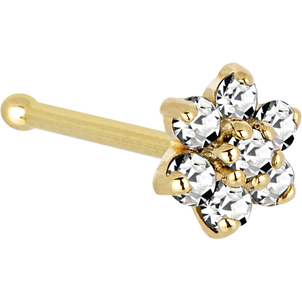 BodyCandy Solid 14K Yellow Gold Clear Cubic Zirconia Flower Nose Ring — detail close-up