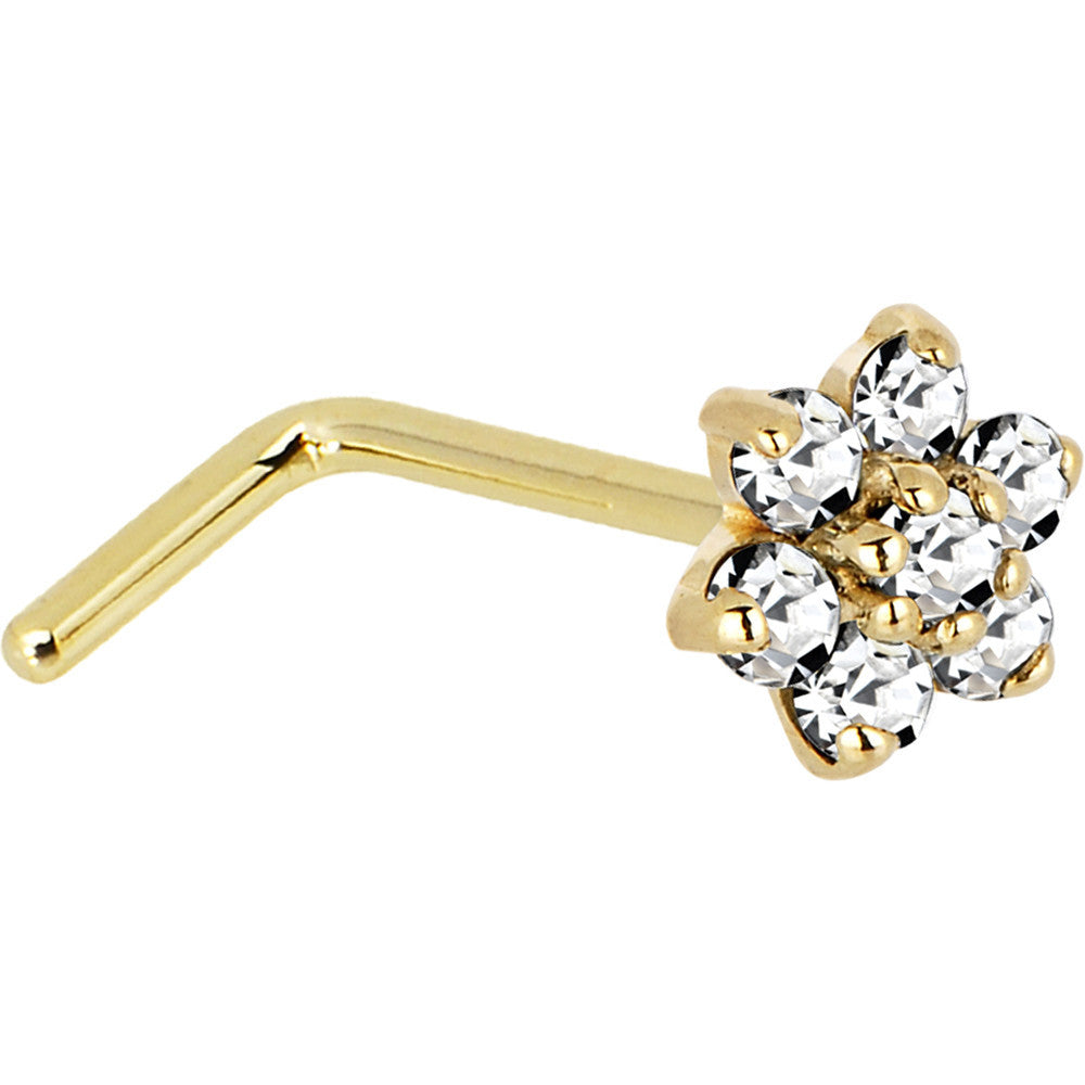 BodyCandy Solid 14K Yellow Gold Clear Cubic Zirconia Flower Nose Ring — side view