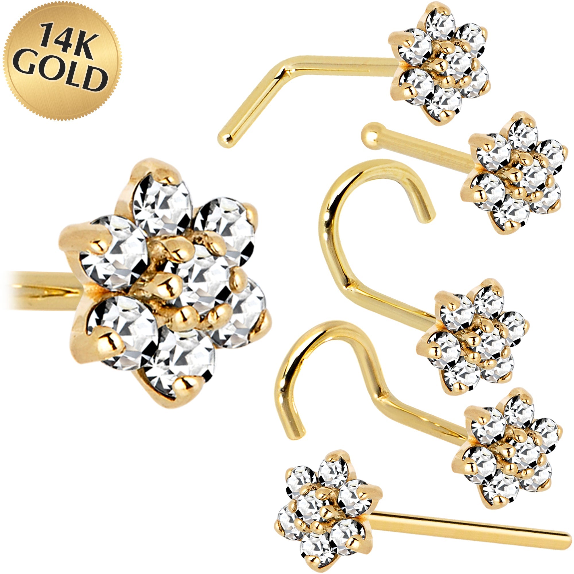 BodyCandy Solid 14K Yellow Gold Clear Cubic Zirconia Flower Nose Ring — main product shot