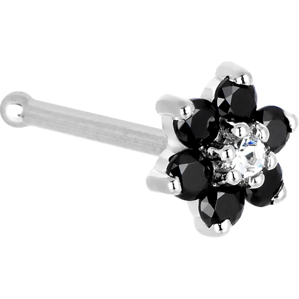 BodyCandy Solid 14K White Gold Black and Clear Cubic Zirconia Flower Nose Ring — detail close-up