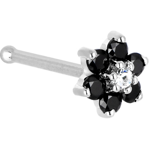 BodyCandy Solid 14K White Gold Black and Clear Cubic Zirconia Flower Nose Ring — detail close-up