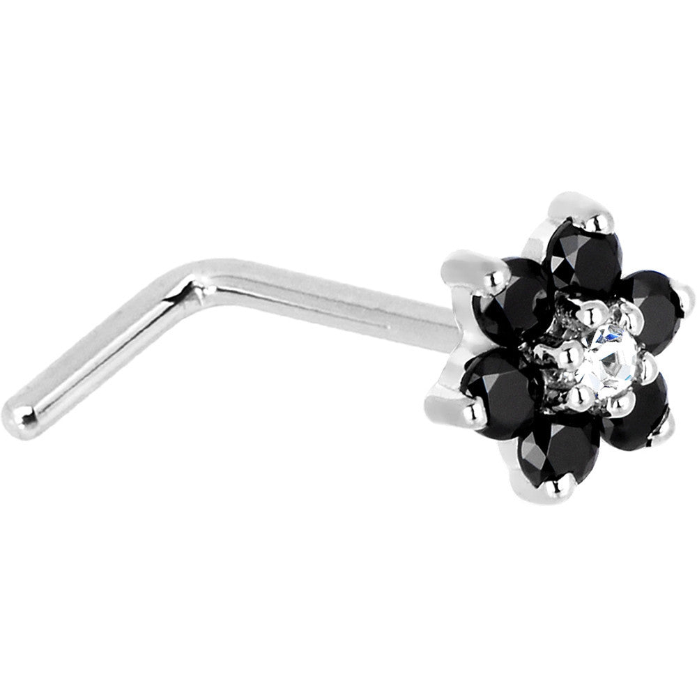 BodyCandy Solid 14K White Gold Black and Clear Cubic Zirconia Flower Nose Ring — side view