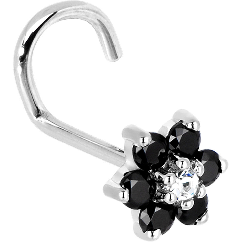 BodyCandy Solid 14K White Gold Black and Clear Cubic Zirconia Flower Nose Ring — back view