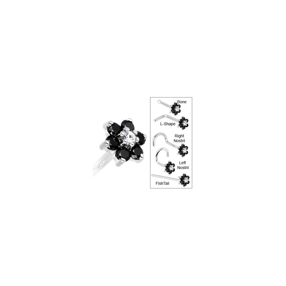 BodyCandy Solid 14K White Gold Black and Clear Cubic Zirconia Flower Nose Ring — in-use photo