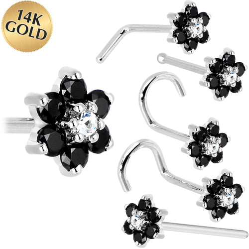 BodyCandy Solid 14K White Gold Black and Clear Cubic Zirconia Flower Nose Ring — main product shot