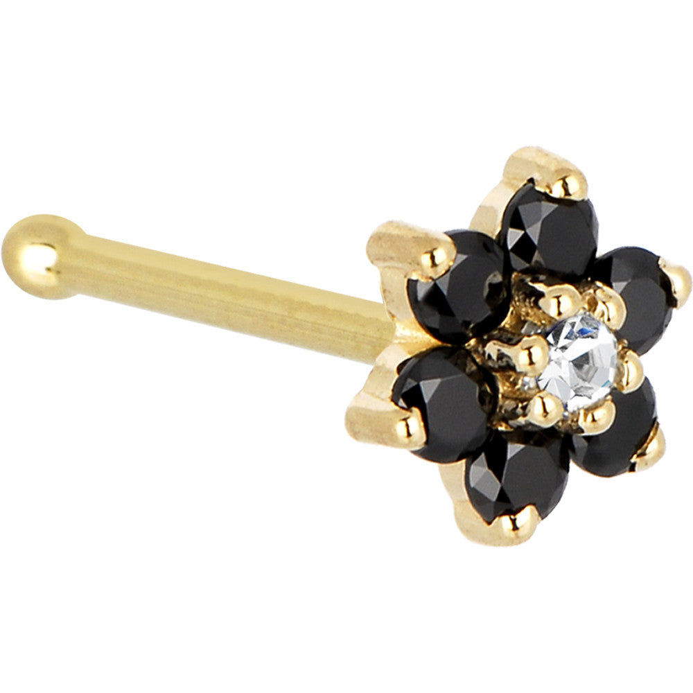 BodyCandy Solid 14K Yellow Gold Black and Clear Cubic Zirconia Flower Nose Ring — detail close-up