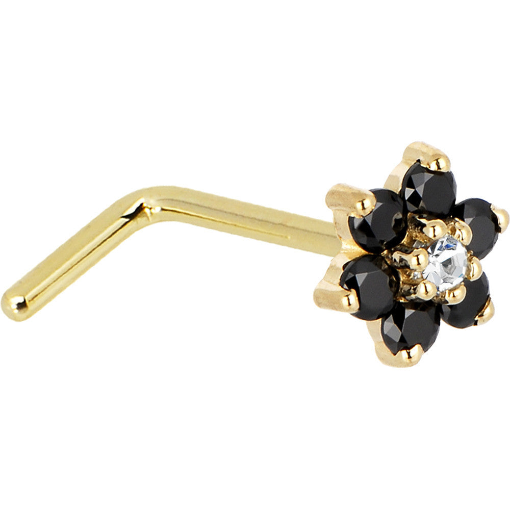 BodyCandy Solid 14K Yellow Gold Black and Clear Cubic Zirconia Flower Nose Ring — side view
