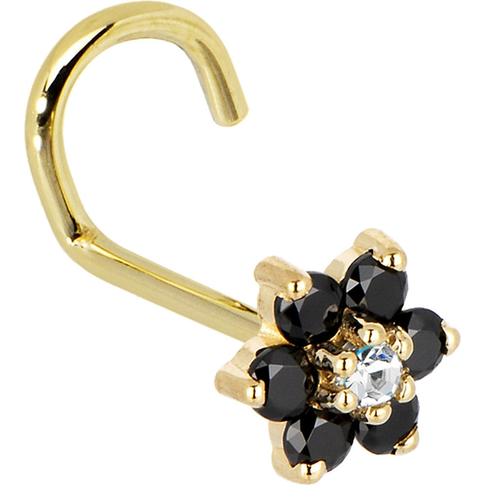 BodyCandy Solid 14K Yellow Gold Black and Clear Cubic Zirconia Flower Nose Ring — back view
