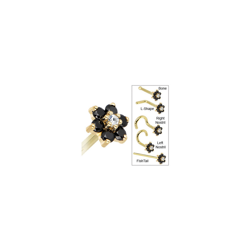 BodyCandy Solid 14K Yellow Gold Black and Clear Cubic Zirconia Flower Nose Ring — in-use photo