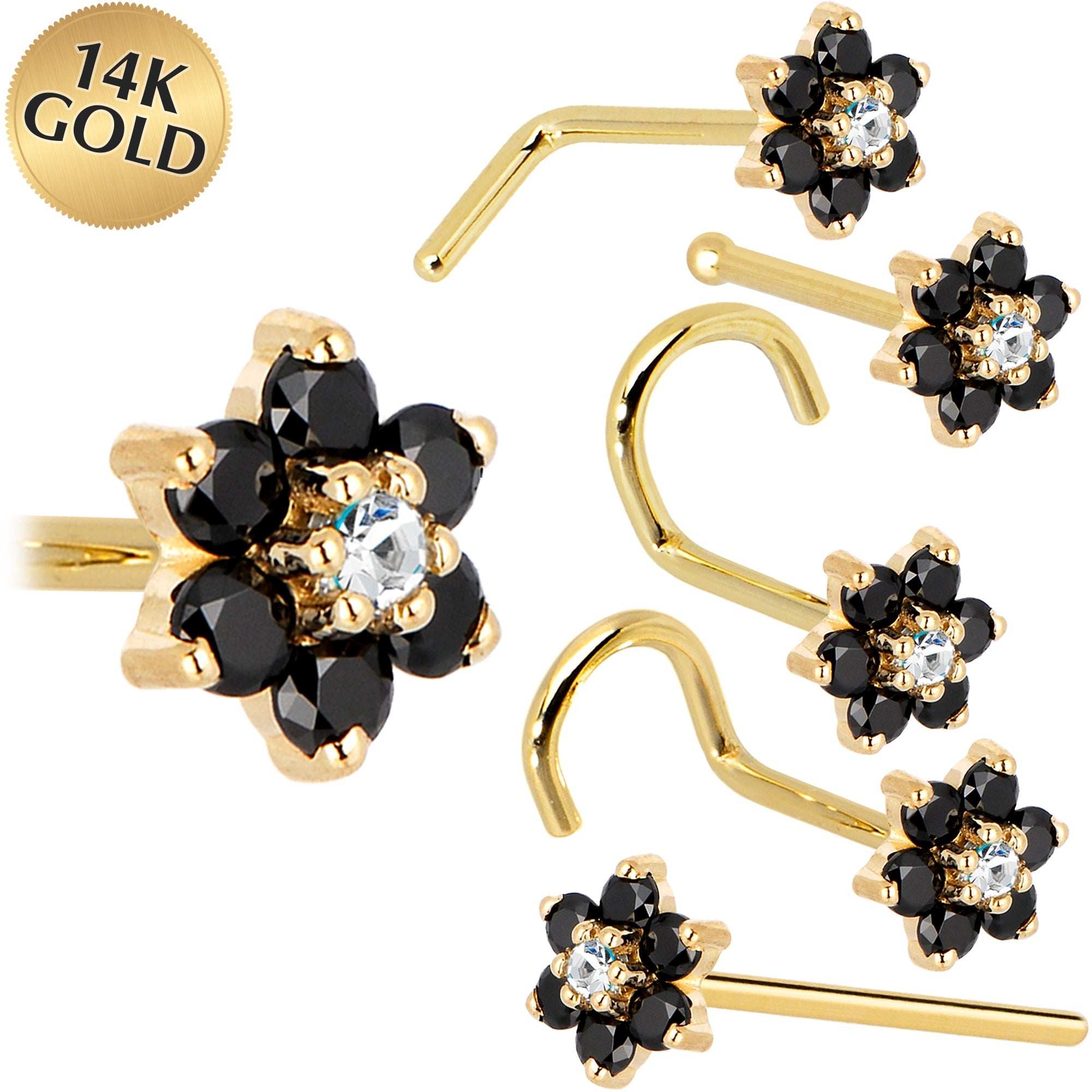 BodyCandy Solid 14K Yellow Gold Black and Clear Cubic Zirconia Flower Nose Ring — main product shot