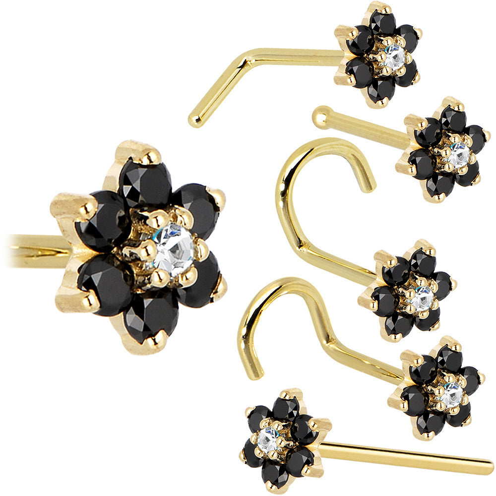 BodyCandy Solid 14K Yellow Gold Black and Clear Cubic Zirconia Flower Nose Ring — size reference