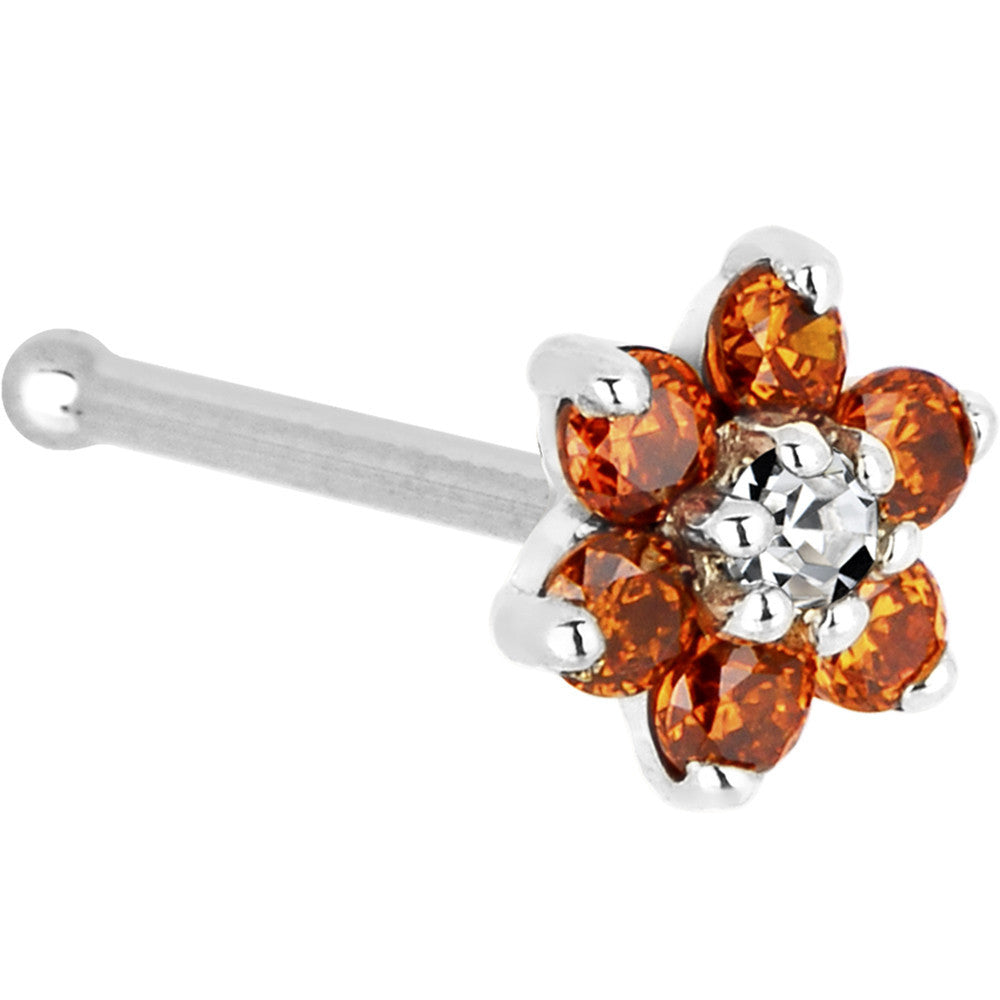 BodyCandy Solid 14K White Gold Orange and Clear Cubic Zirconia Flower Nose Ring — detail close-up