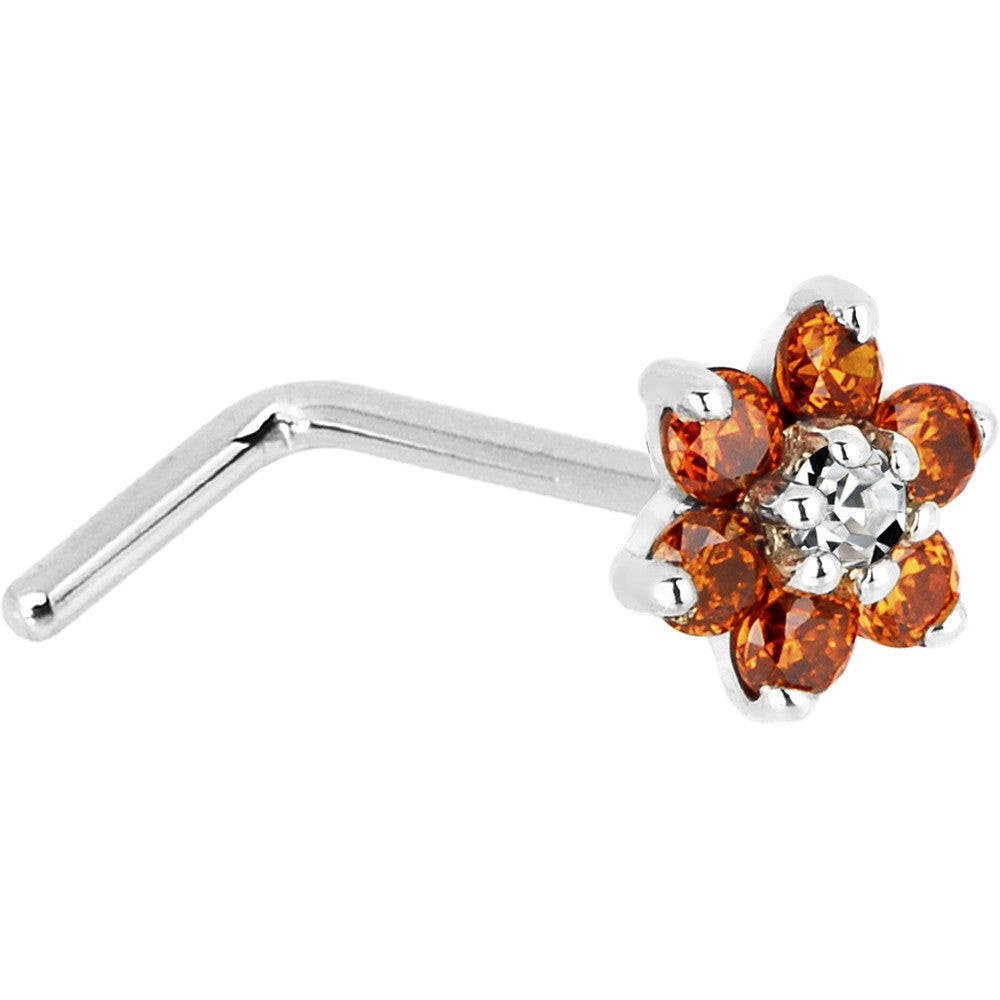 BodyCandy Solid 14K White Gold Orange and Clear Cubic Zirconia Flower Nose Ring — side view