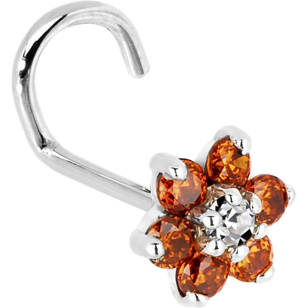 BodyCandy Solid 14K White Gold Orange and Clear Cubic Zirconia Flower Nose Ring — back view