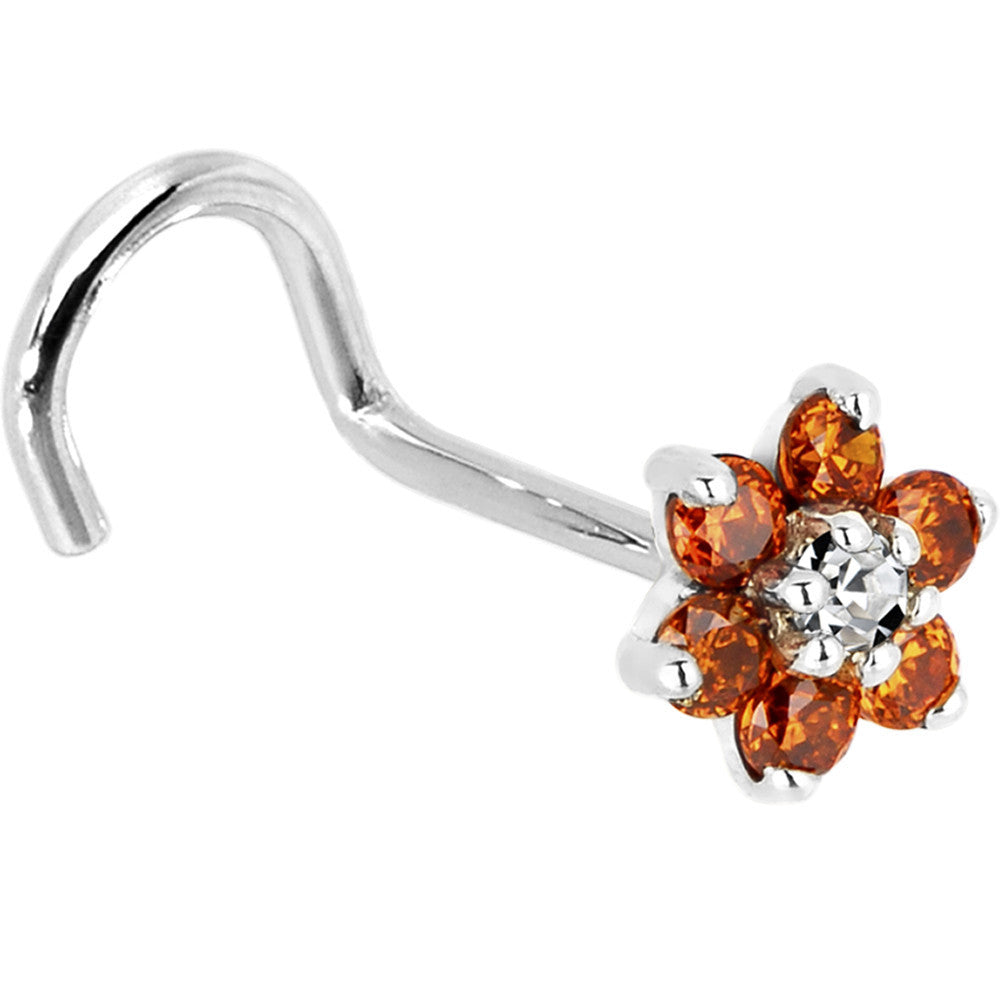 BodyCandy Solid 14K White Gold Orange and Clear Cubic Zirconia Flower Nose Ring — alternative angle