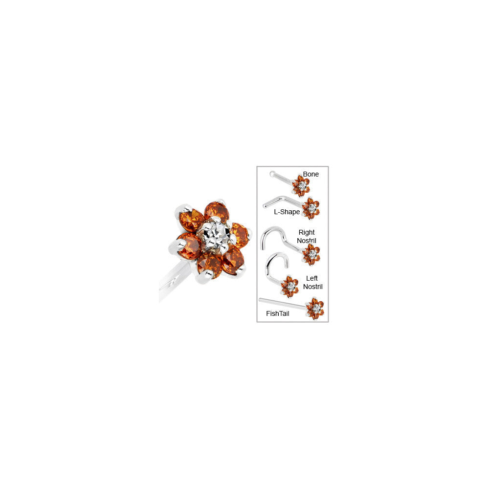BodyCandy Solid 14K White Gold Orange and Clear Cubic Zirconia Flower Nose Ring — in-use photo
