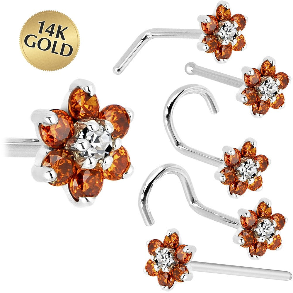 BodyCandy Solid 14K White Gold Orange and Clear Cubic Zirconia Flower Nose Ring — main product shot
